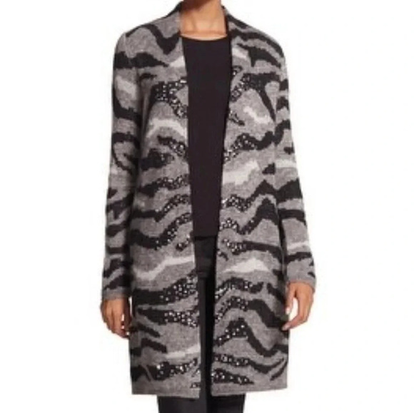 Chico's Jovi long line cardigan camo animal gray sequins wool mohair blend XL - Picture 3 of 10
